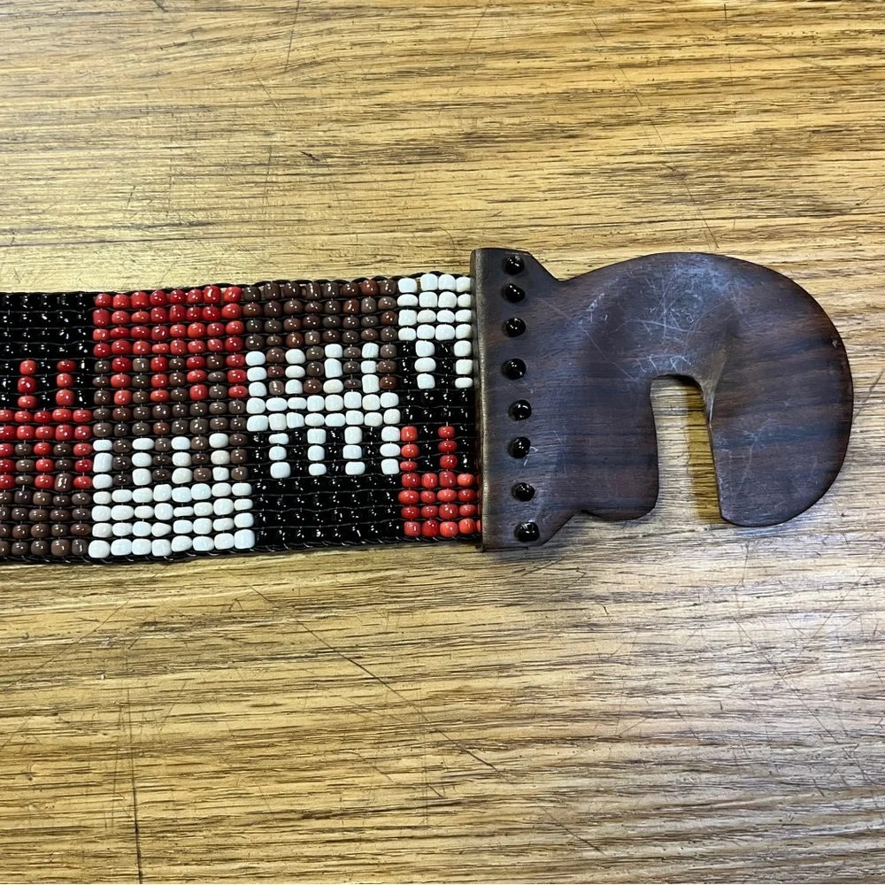 Boho Red Black Beaded Stretch Belt Wide Geometric Southwest Free People Festival